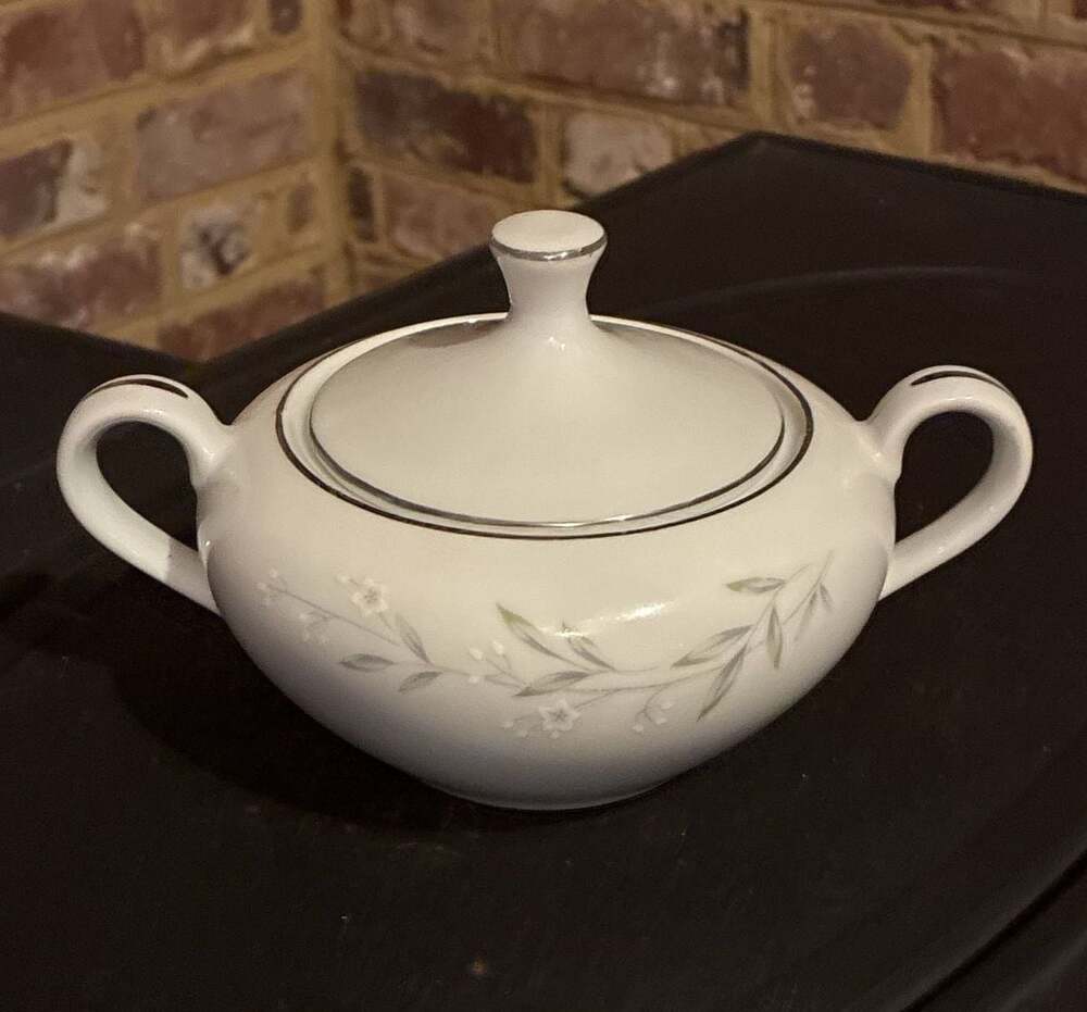 Vintage St. Regis Fine China Sugar Bowl & Lid, Floral Green Platinum Trim Japan